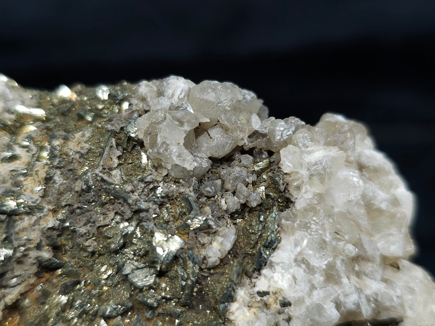 #66129 Calcite formation on iridescent golden Chalcopyrite ore with hydrothermal Calcite and Chalcopyrite deposit with multiple fossils