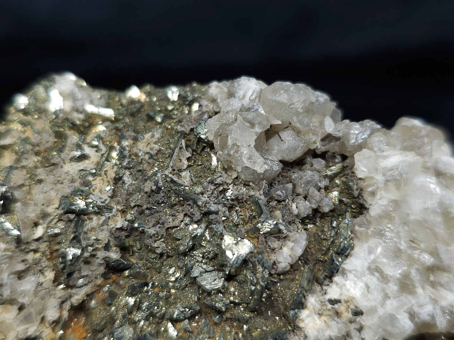 #66129 Calcite formation on iridescent golden Chalcopyrite ore with hydrothermal Calcite and Chalcopyrite deposit with multiple fossils