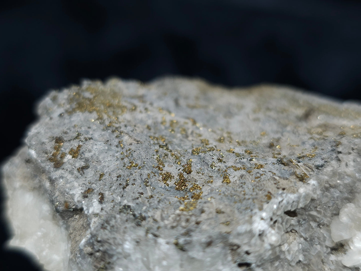 #66131 Iridescent golden Chalcopyrite ore on hydrothermal Nailhead Spar Calcite deposit with multiple small fossils