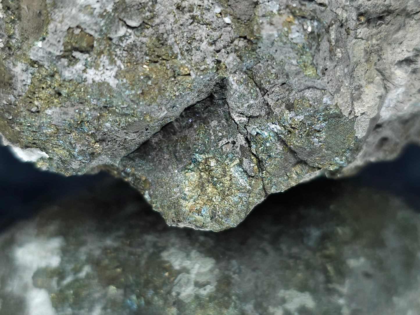 #66132 Hydrothermal iridescent peacock Chalcopyrite ore deposit with Marcasite also hydrothermal Calcite deposit