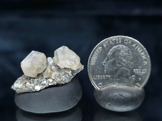 #33543 Double phantom Nailhead Spar Calcite tiny cluster with Chalcopyrite ore and multiple small fossils in the matrix