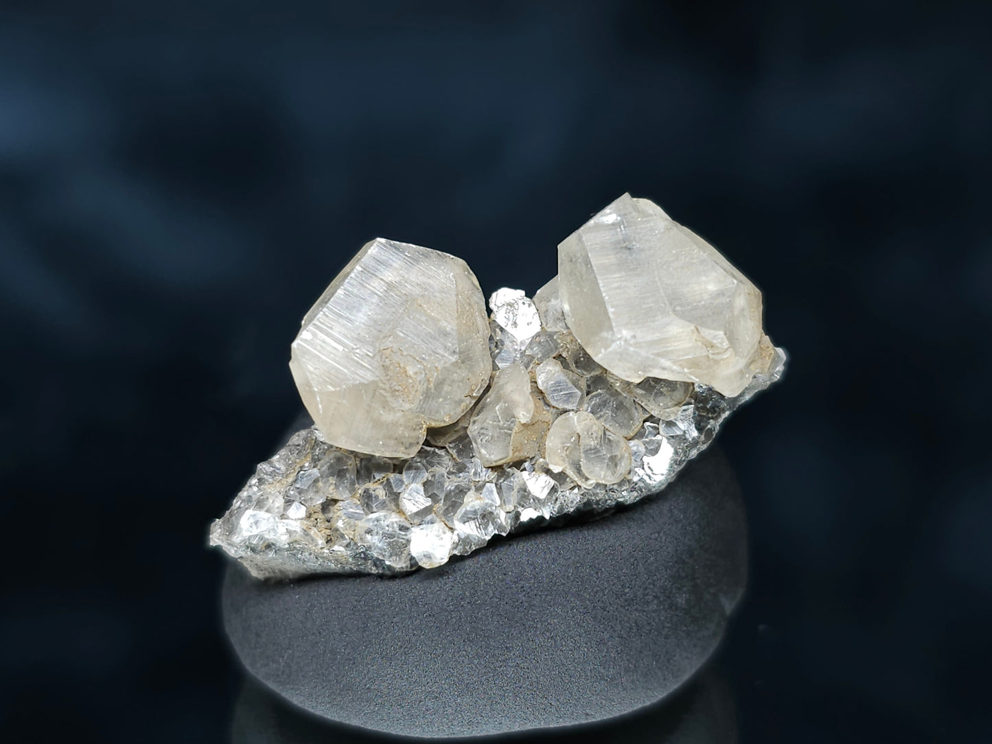 #33543 Double phantom Nailhead Spar Calcite tiny cluster with Chalcopyrite ore and multiple small fossils in the matrix