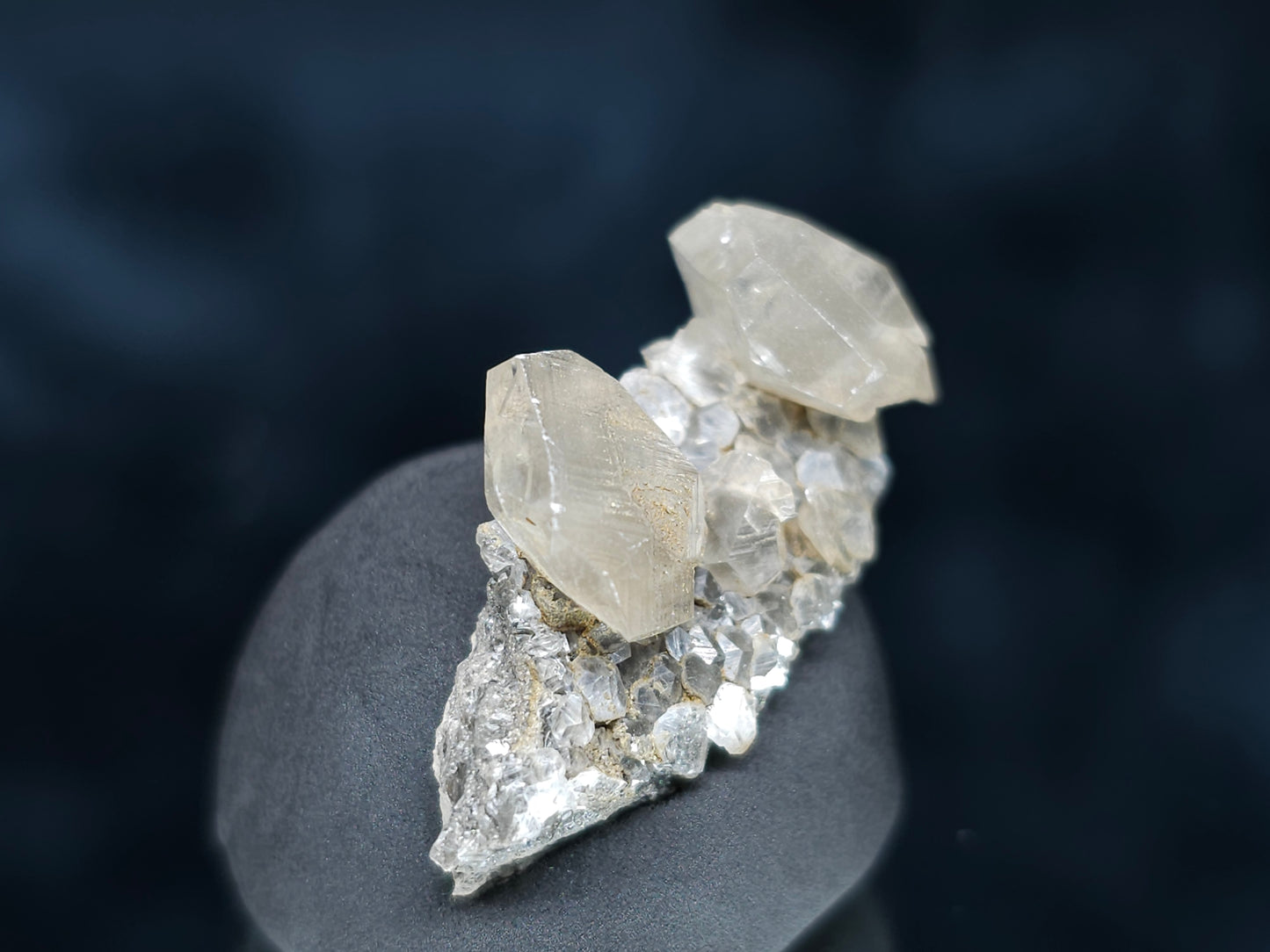 #33543 Double phantom Nailhead Spar Calcite tiny cluster with Chalcopyrite ore and multiple small fossils in the matrix