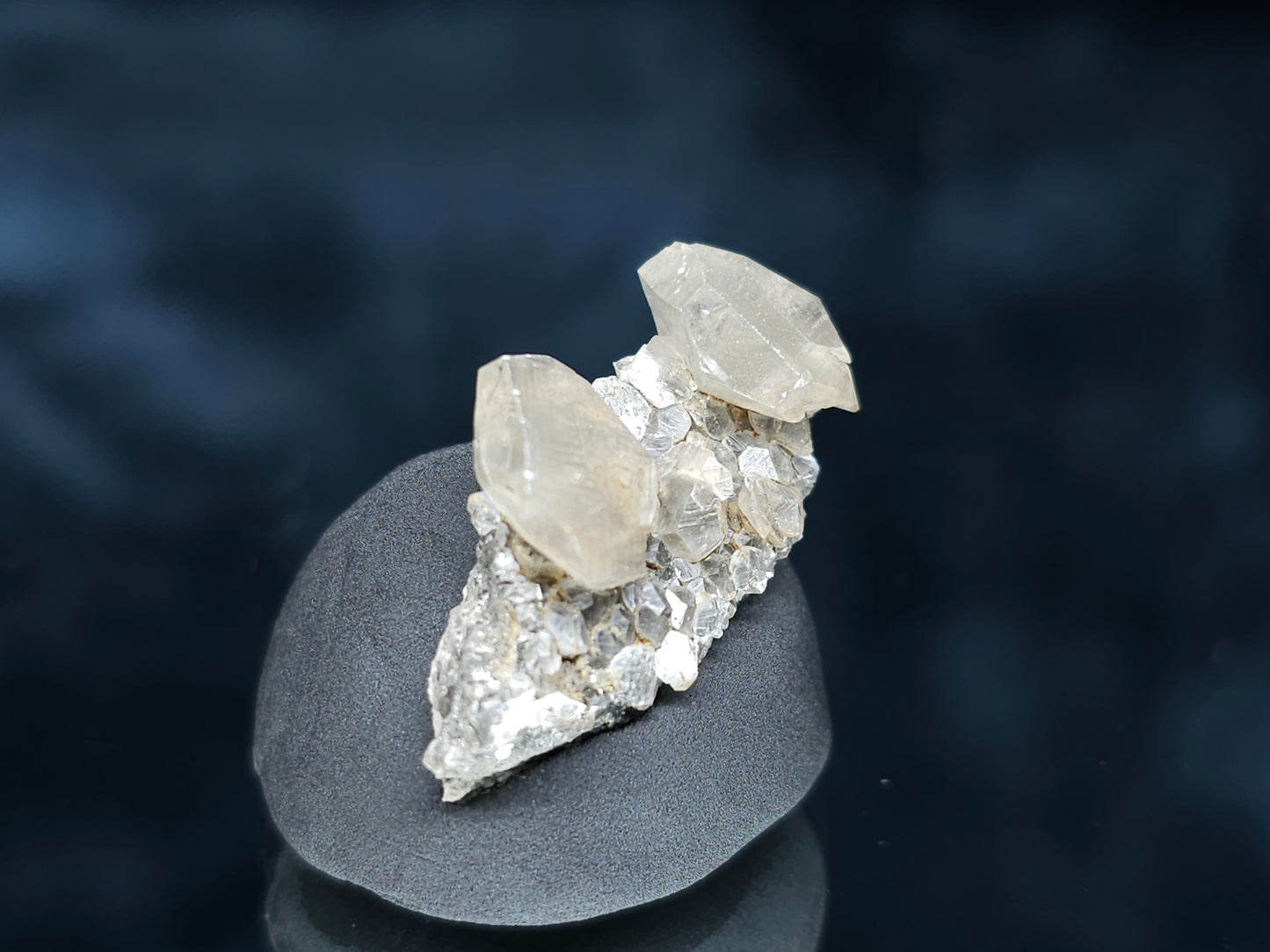 #33543 Double phantom Nailhead Spar Calcite tiny cluster with Chalcopyrite ore and multiple small fossils in the matrix