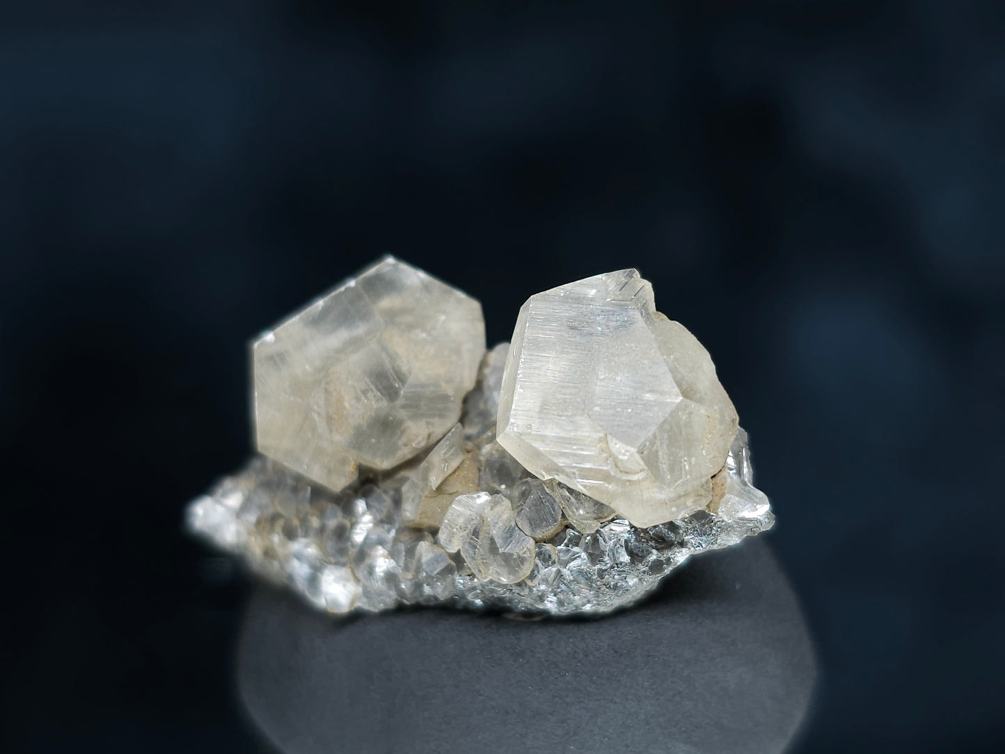 #33543 Double phantom Nailhead Spar Calcite tiny cluster with Chalcopyrite ore and multiple small fossils in the matrix