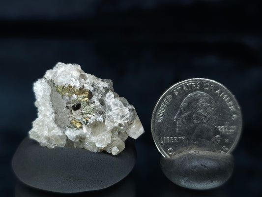 #33589 Super clear Nailhead Spar Calcite tiny cluster and Chalcopyrite ore and multiple small fossils in the matrix