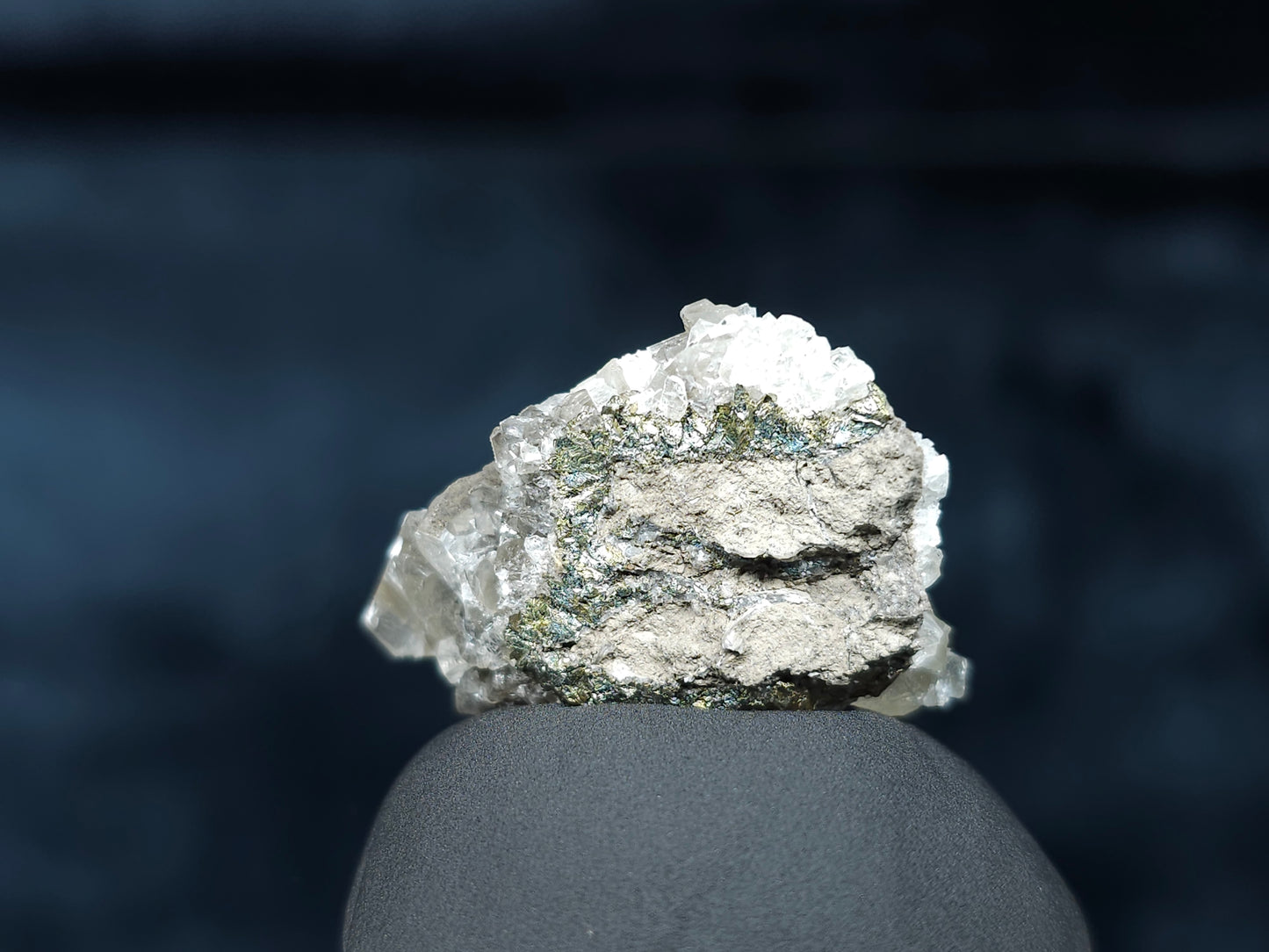 #33589 Super clear Nailhead Spar Calcite tiny cluster and Chalcopyrite ore and multiple small fossils in the matrix