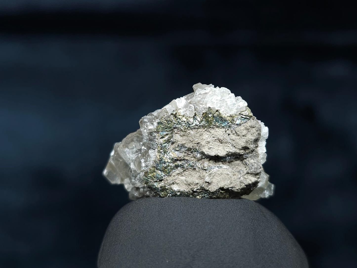 #33589 Super clear Nailhead Spar Calcite tiny cluster and Chalcopyrite ore and multiple small fossils in the matrix