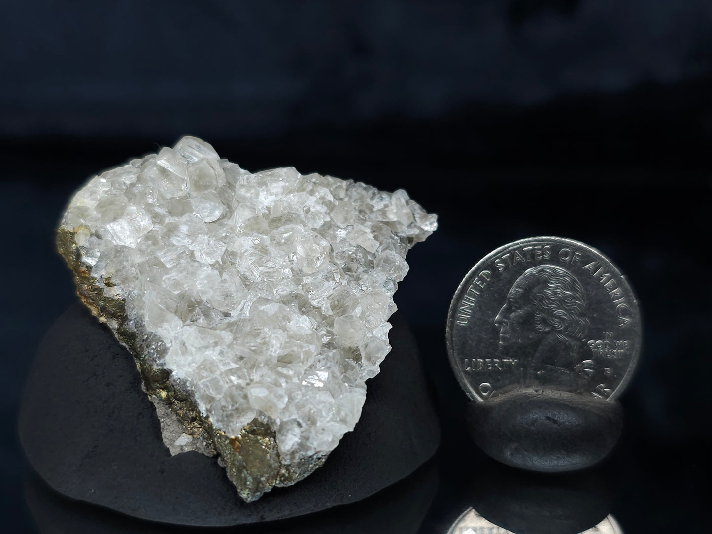 #33635 Super clear Nailhead Spar Calcite tiny cluster and Chalcopyrite ore and multiple small fossils in the matrix