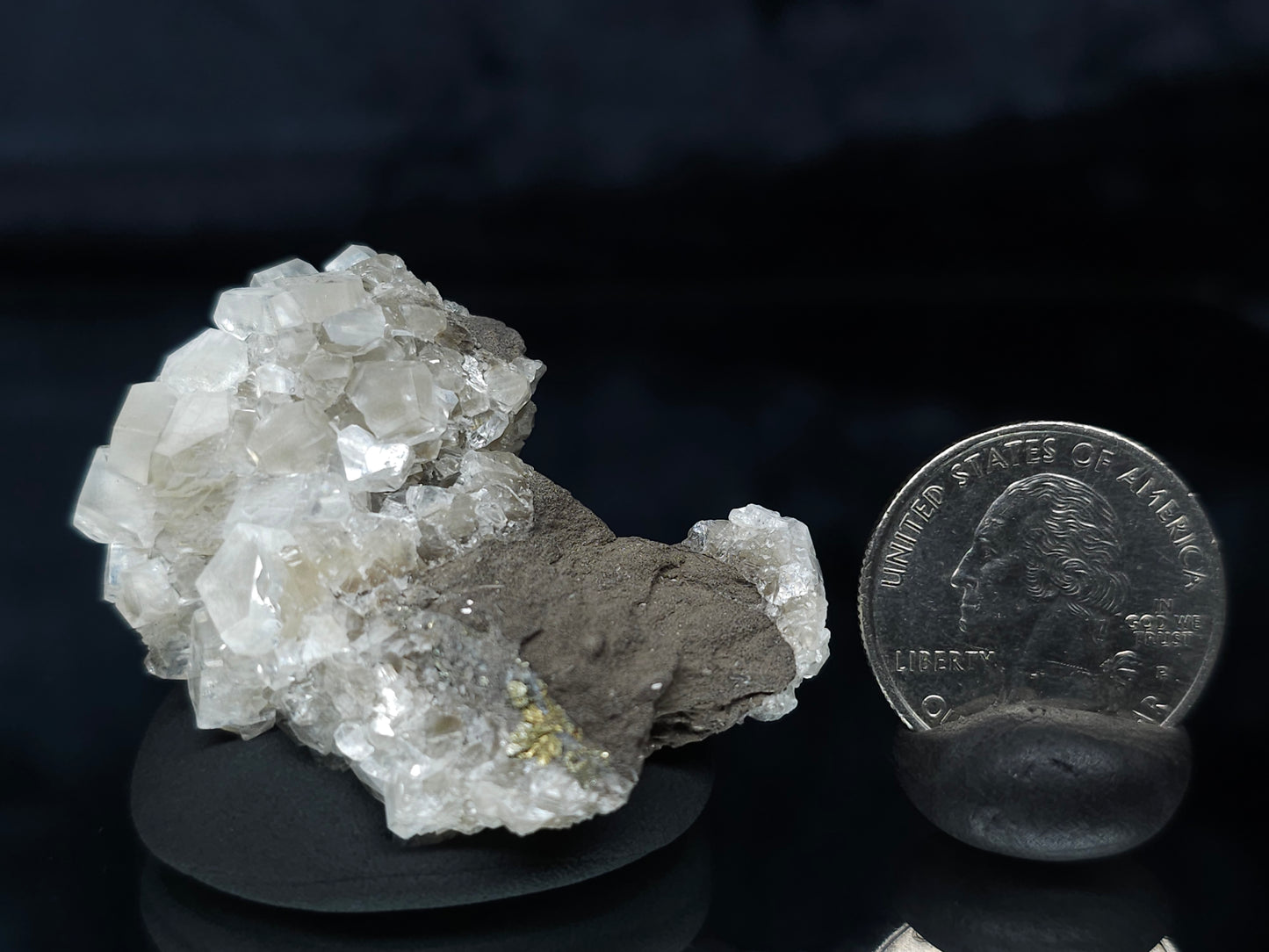 #33637 Super clear Nailhead Spar Calcite tiny cluster and  Chalcopyrite ore and multiple small fossils in the matrix