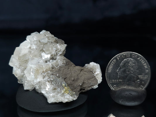 #33637 Super clear Nailhead Spar Calcite tiny cluster and  Chalcopyrite ore and multiple small fossils in the matrix