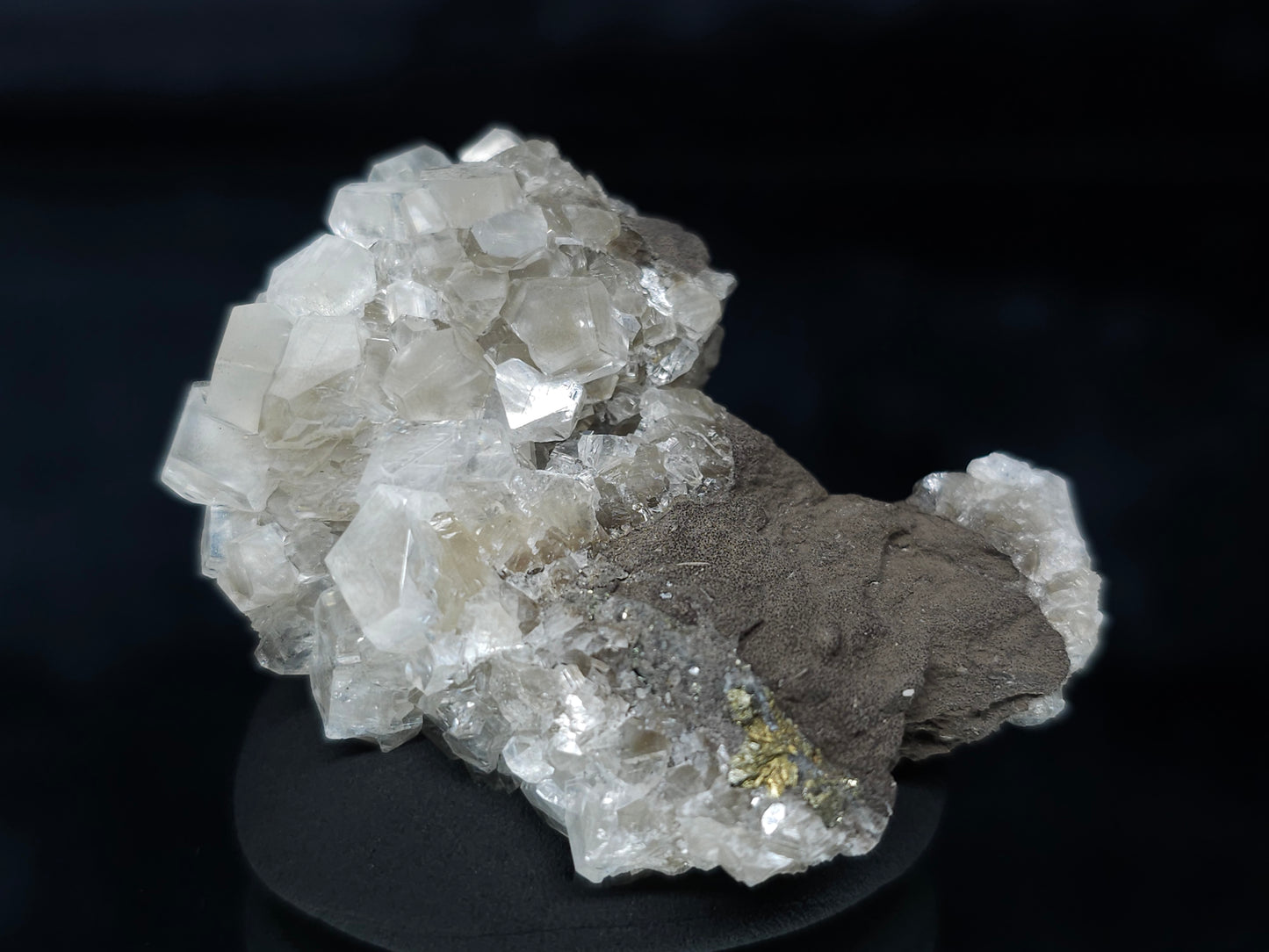 #33637 Super clear Nailhead Spar Calcite tiny cluster and  Chalcopyrite ore and multiple small fossils in the matrix