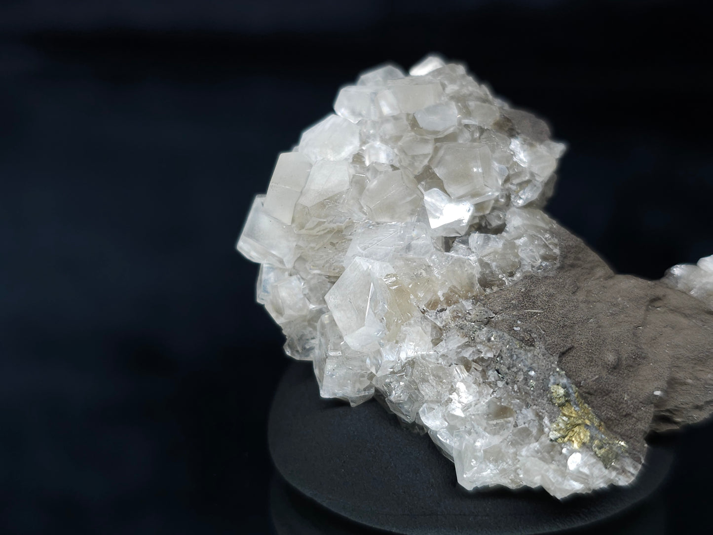 #33637 Super clear Nailhead Spar Calcite tiny cluster and  Chalcopyrite ore and multiple small fossils in the matrix