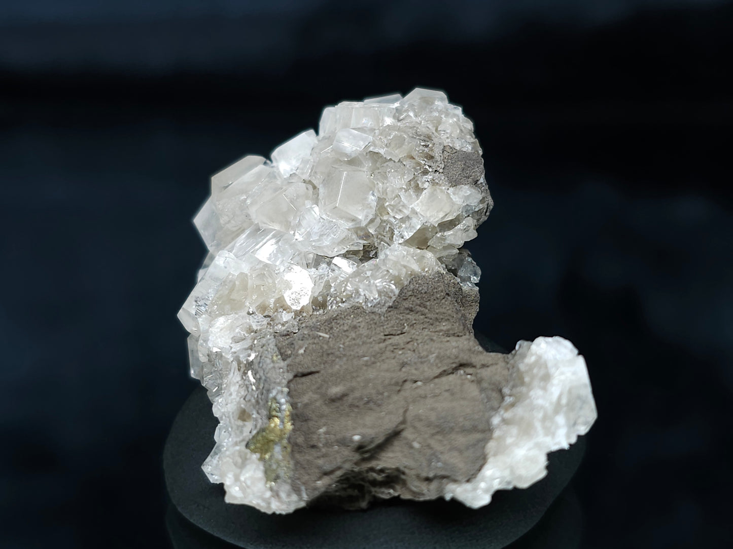#33637 Super clear Nailhead Spar Calcite tiny cluster and  Chalcopyrite ore and multiple small fossils in the matrix