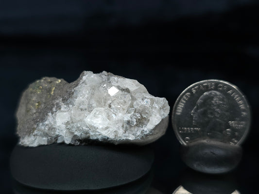 #33643 Super clear Nailhead Spar Calcite tiny cluster and Chalcopyrite ore and multiple small fossils in the matrix