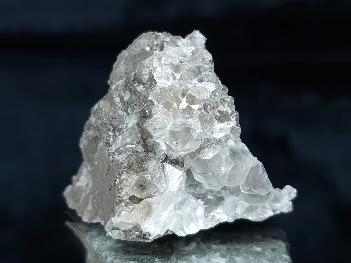 #33646 Super clear Nailhead Spar Calcite tiny cluster and Chalcopyrite ore and multiple small fossils in the matrix
