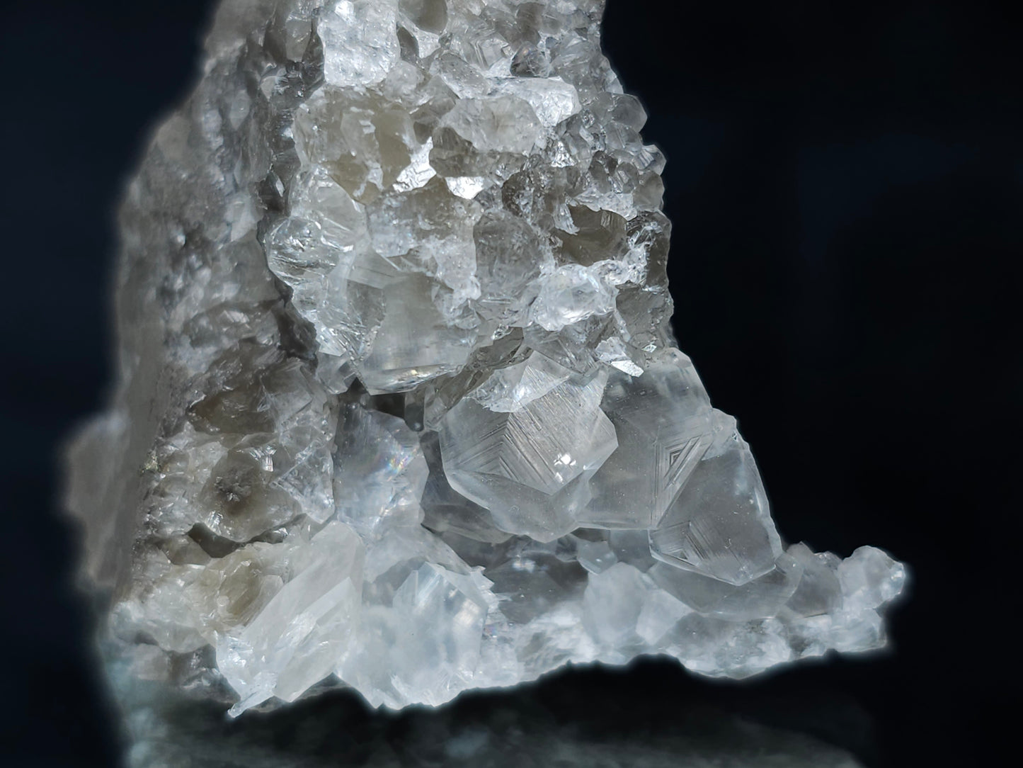 #33646 Super clear Nailhead Spar Calcite tiny cluster and Chalcopyrite ore and multiple small fossils in the matrix