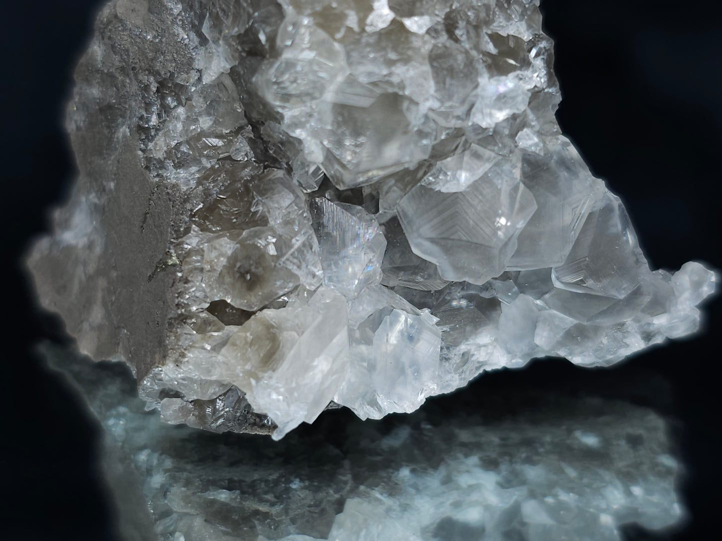 #33646 Super clear Nailhead Spar Calcite tiny cluster and Chalcopyrite ore and multiple small fossils in the matrix