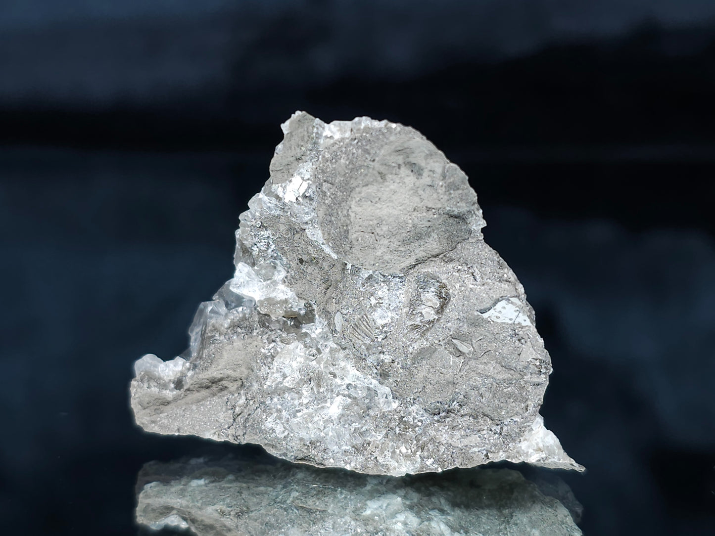 #33646 Super clear Nailhead Spar Calcite tiny cluster and Chalcopyrite ore and multiple small fossils in the matrix