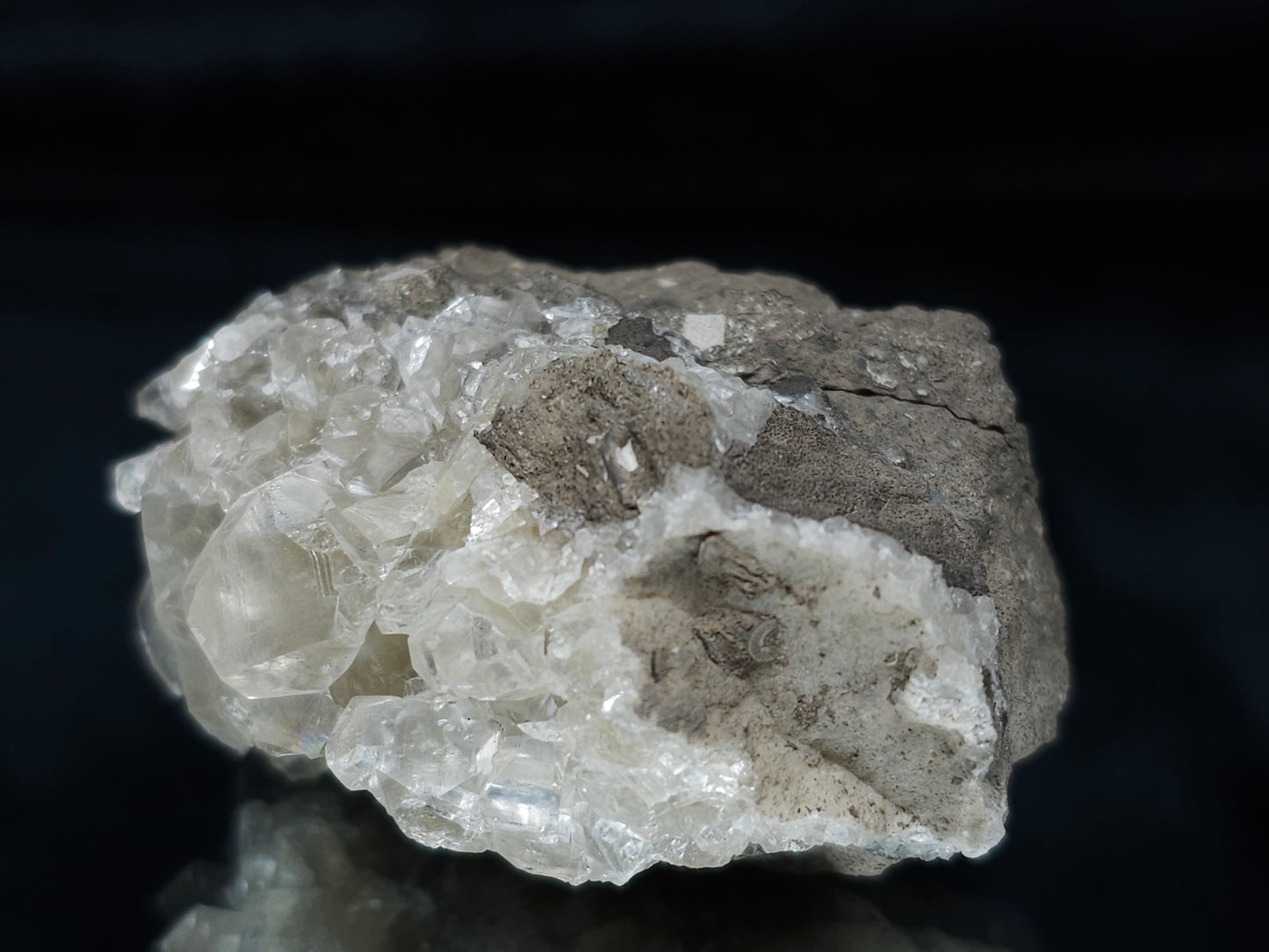 #33655 Super clear Nailhead Spar Calcite cluster and Chalcopyrite ore and multiple small fossils in the matrix