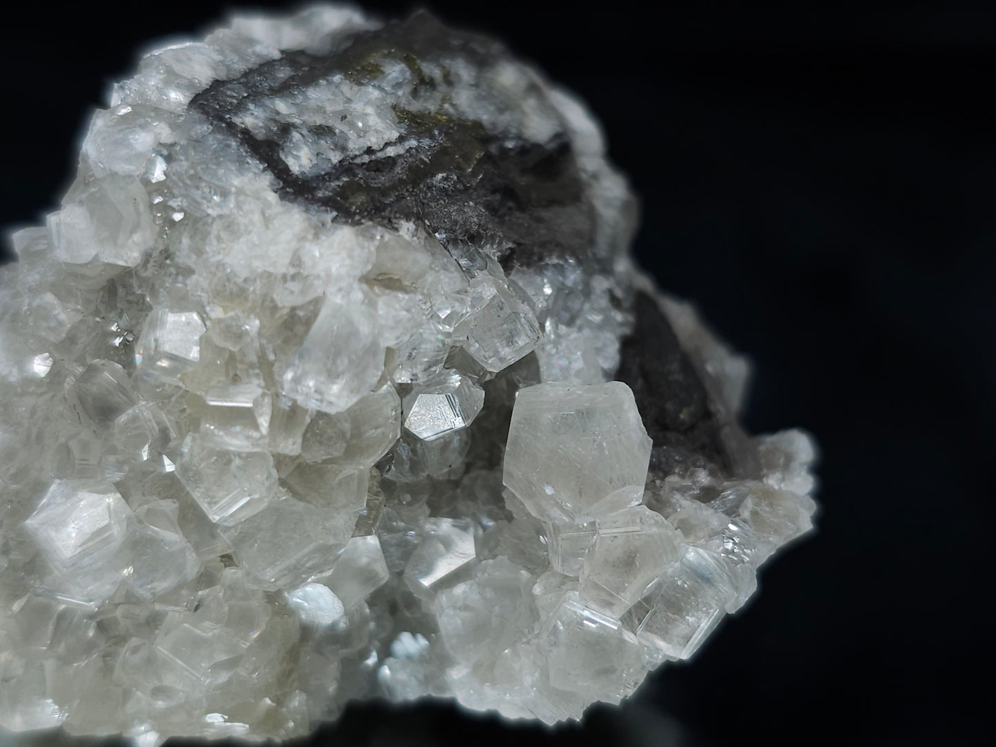#33677  Super clear Nailhead Spar Calcite cluster and Chalcopyrite ore and multiple small fossils in the matrix