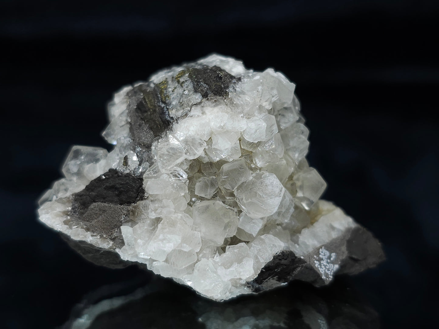 #33677  Super clear Nailhead Spar Calcite cluster and Chalcopyrite ore and multiple small fossils in the matrix