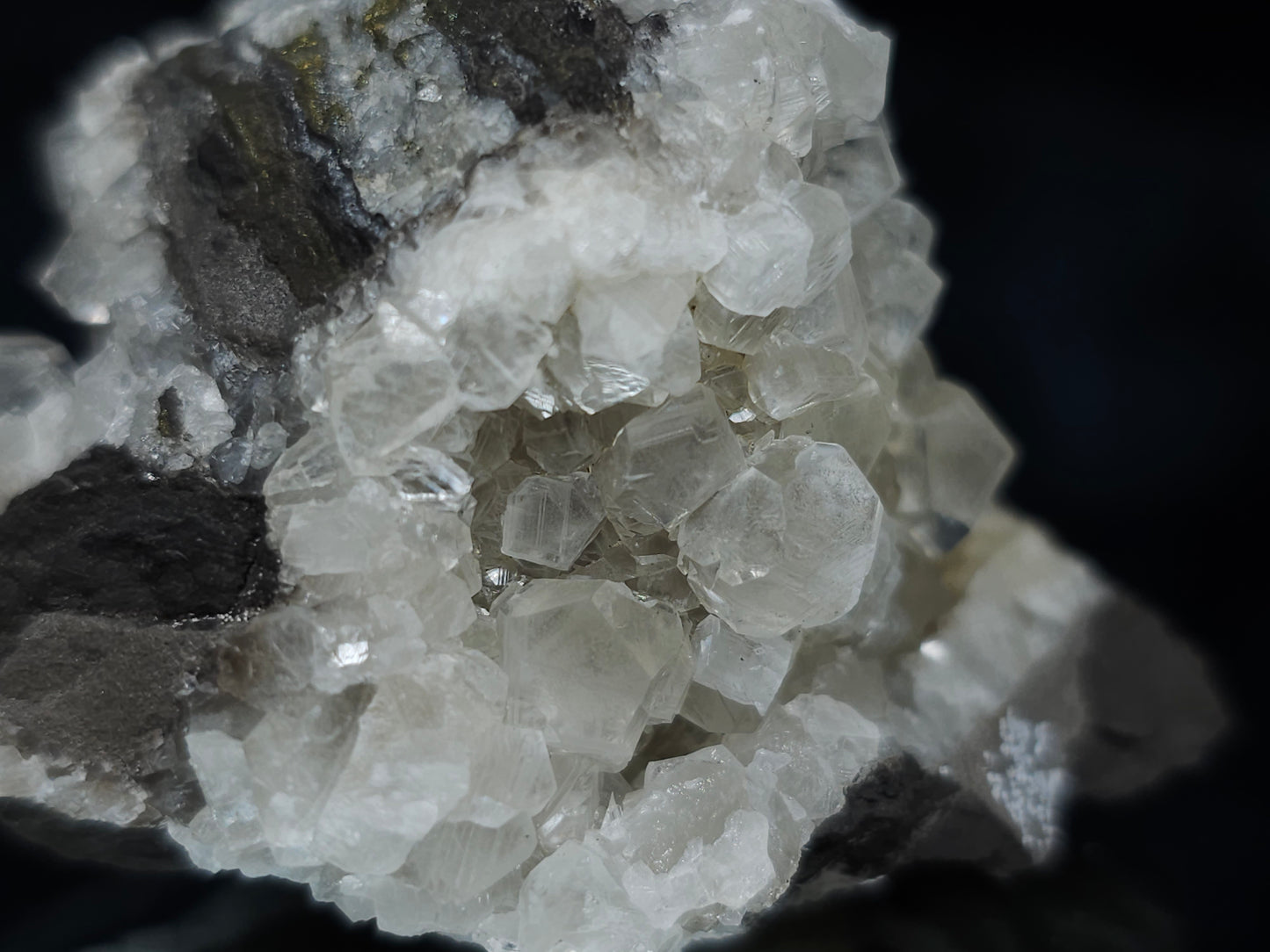 #33677  Super clear Nailhead Spar Calcite cluster and Chalcopyrite ore and multiple small fossils in the matrix