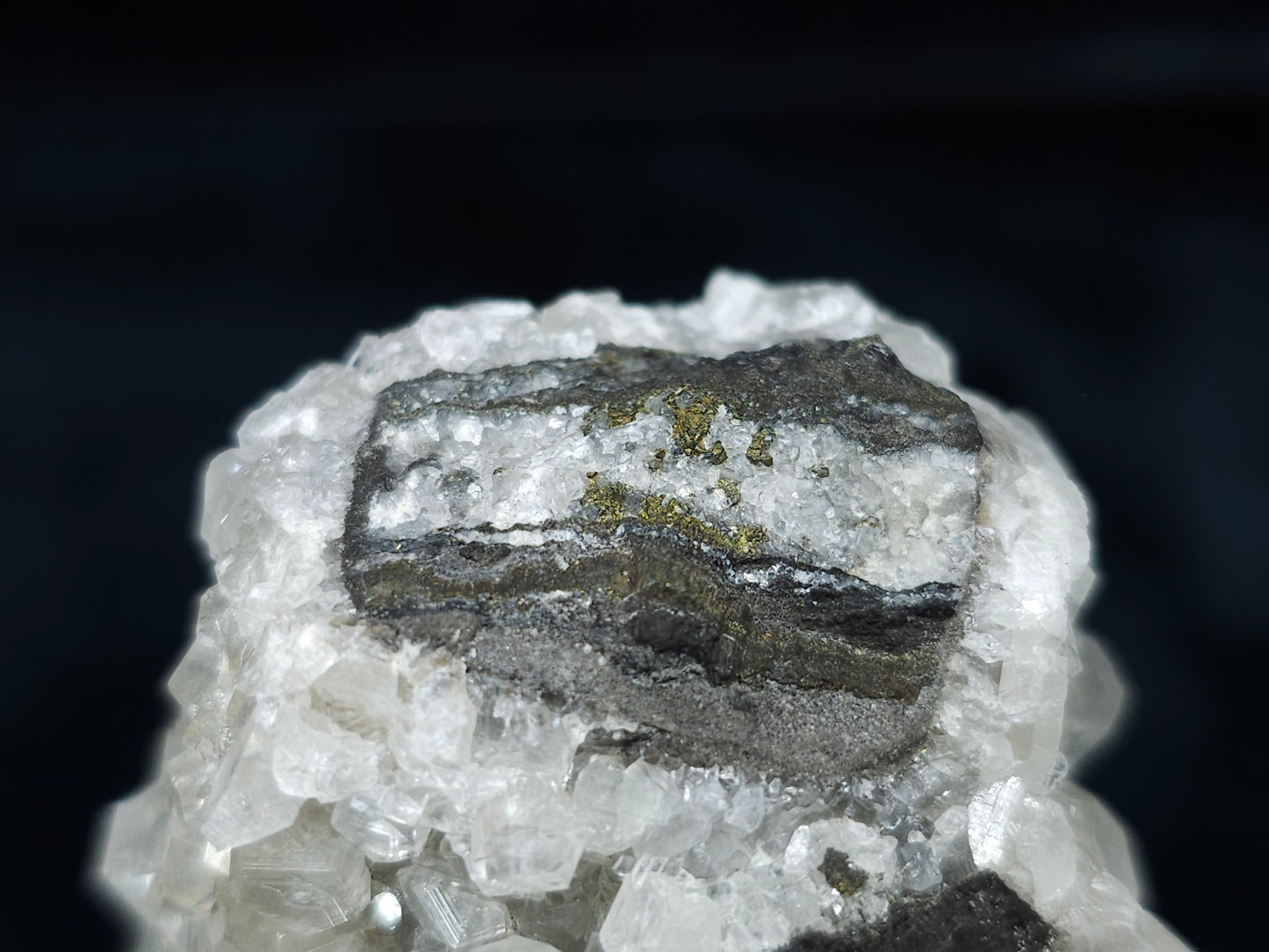 #33677  Super clear Nailhead Spar Calcite cluster and Chalcopyrite ore and multiple small fossils in the matrix
