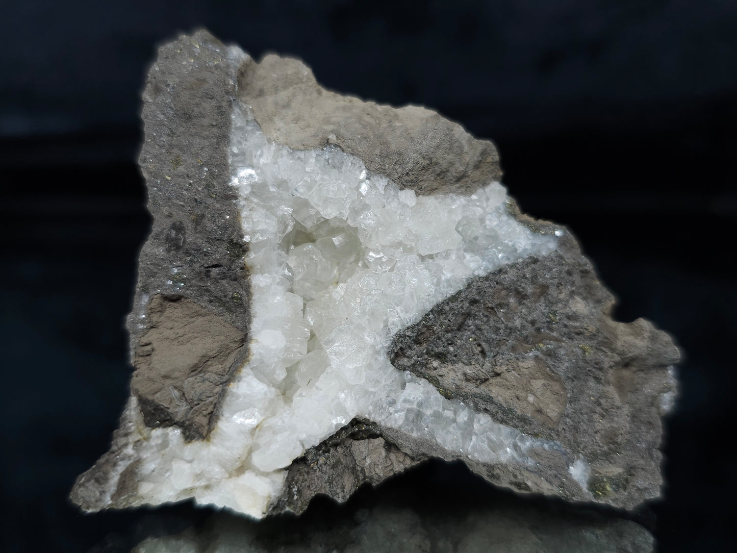#33680  Super clear Nailhead Spar Calcite cluster and Chalcopyrite ore and multiple small fossils in the matrix