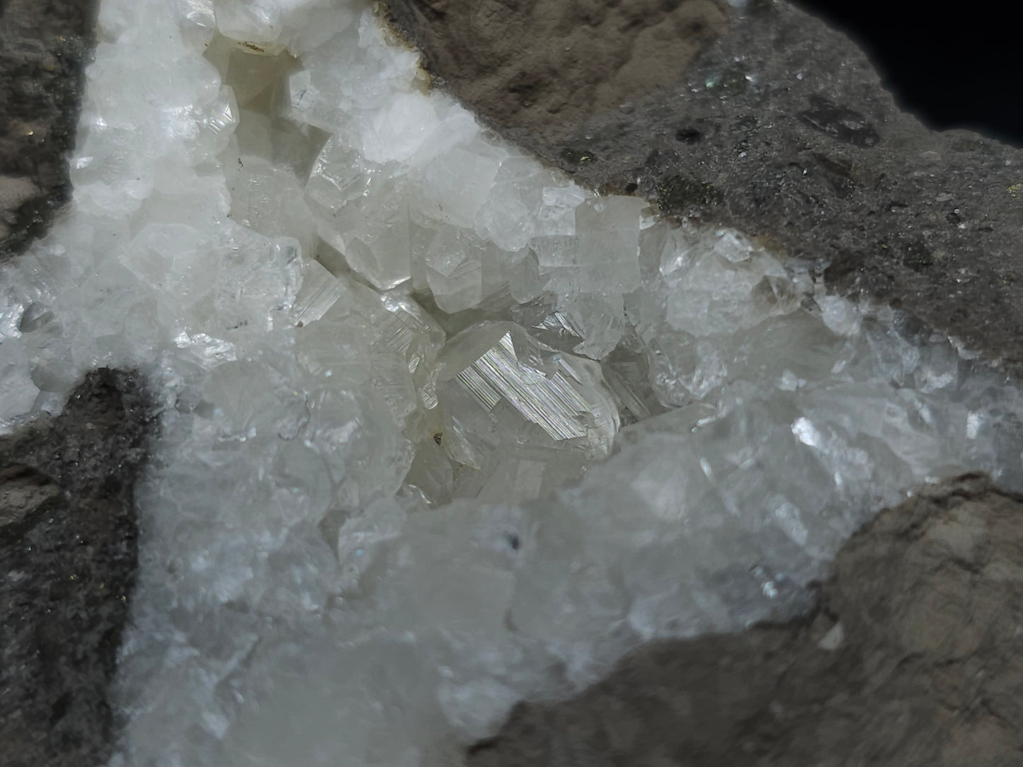 #33680  Super clear Nailhead Spar Calcite cluster and Chalcopyrite ore and multiple small fossils in the matrix