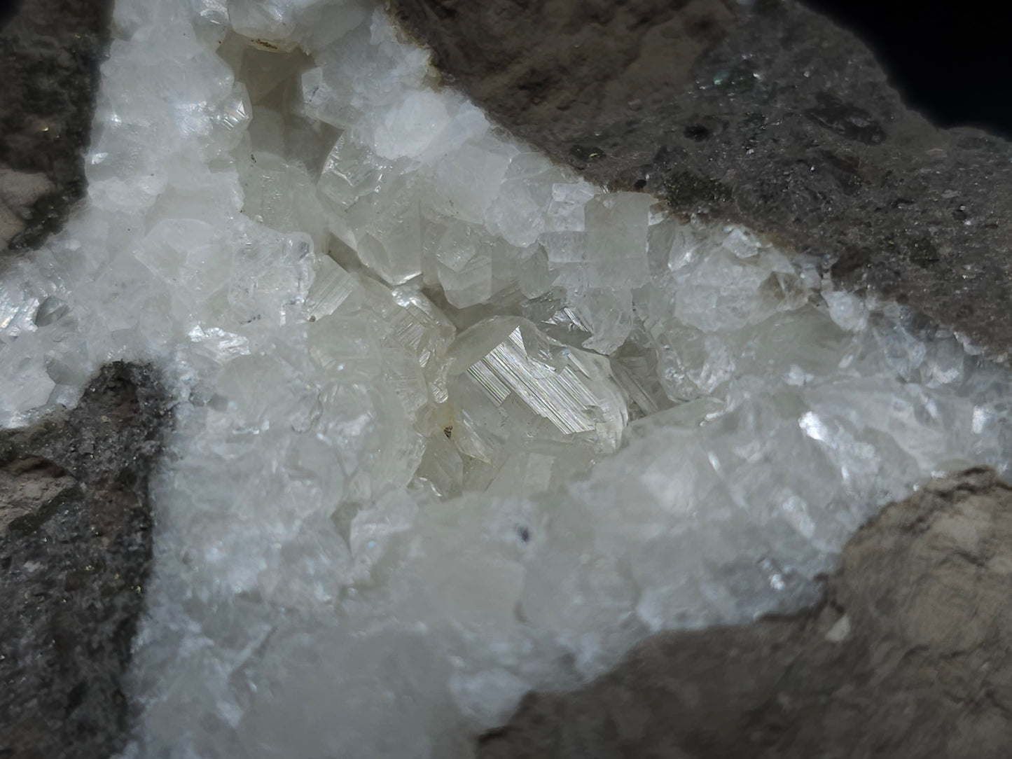 #33680  Super clear Nailhead Spar Calcite cluster and Chalcopyrite ore and multiple small fossils in the matrix