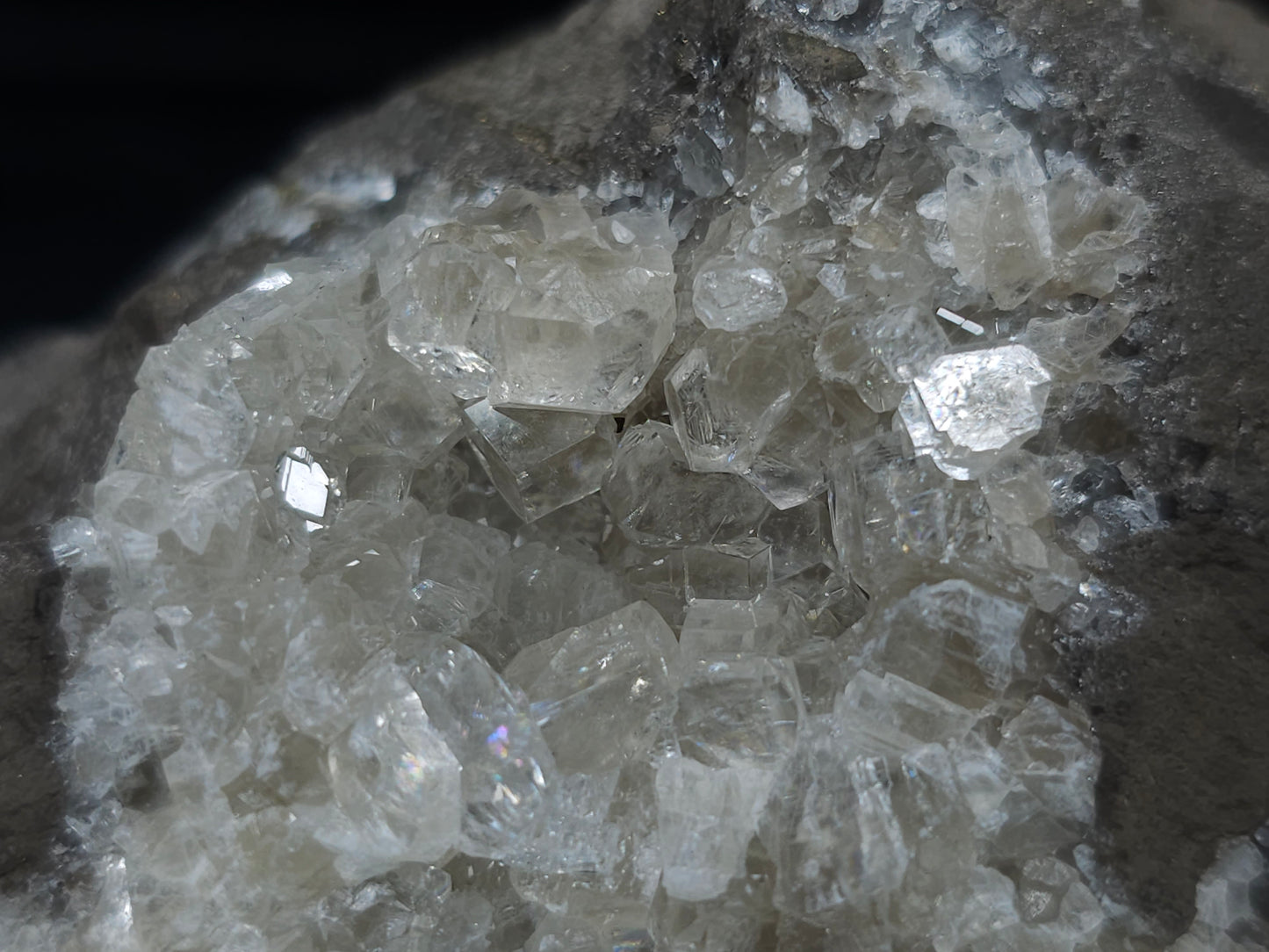 #33686 Super clear Nailhead Spar Calcite cluster and Chalcopyrite ore and multiple small fossils in the matrix