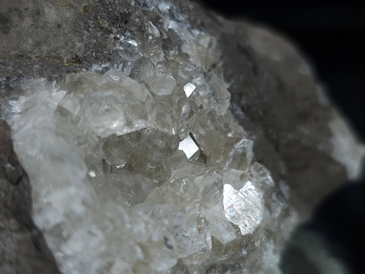 #33686 Super clear Nailhead Spar Calcite cluster and Chalcopyrite ore and multiple small fossils in the matrix