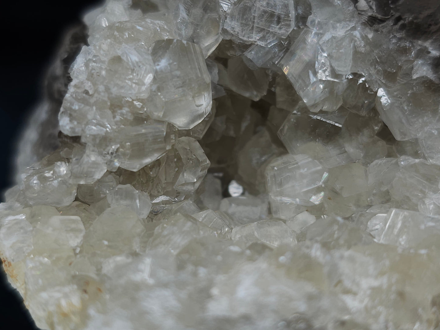#33691 Super clear Nailhead Spar Calcite geode and Chalcopyrite ore and multiple small fossils in the matrix
