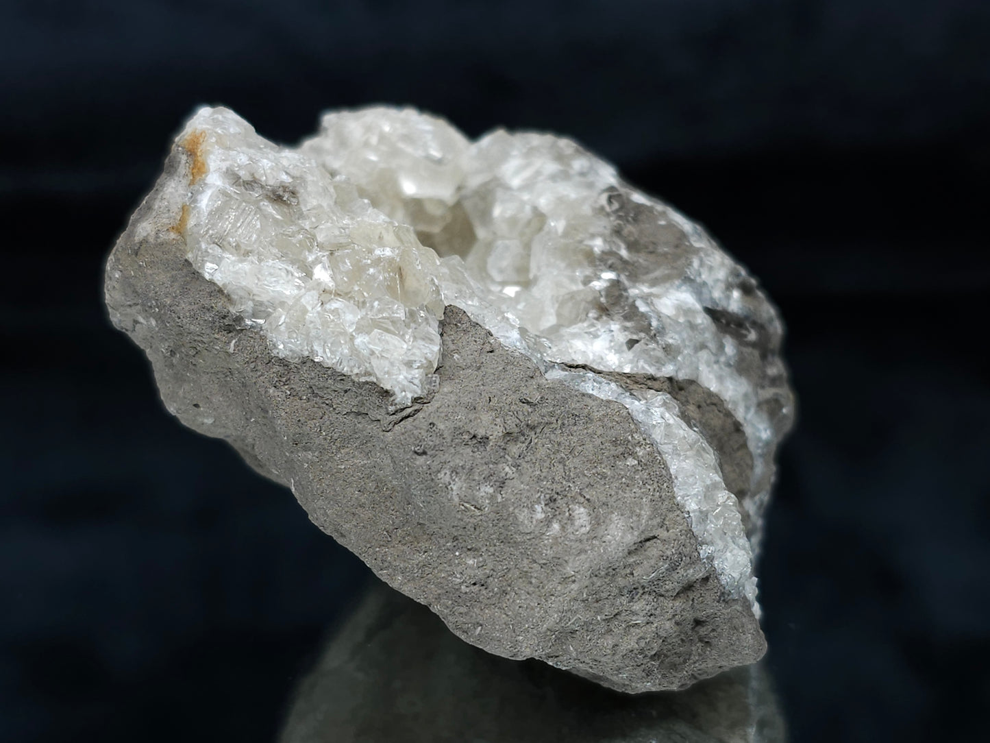 #33691 Super clear Nailhead Spar Calcite geode and Chalcopyrite ore and multiple small fossils in the matrix