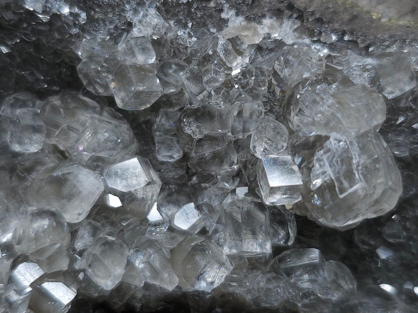 #33696 Super clear Nailhead Spar Calcite cluster and Chalcopyrite ore and multiple small fossils in the matrix