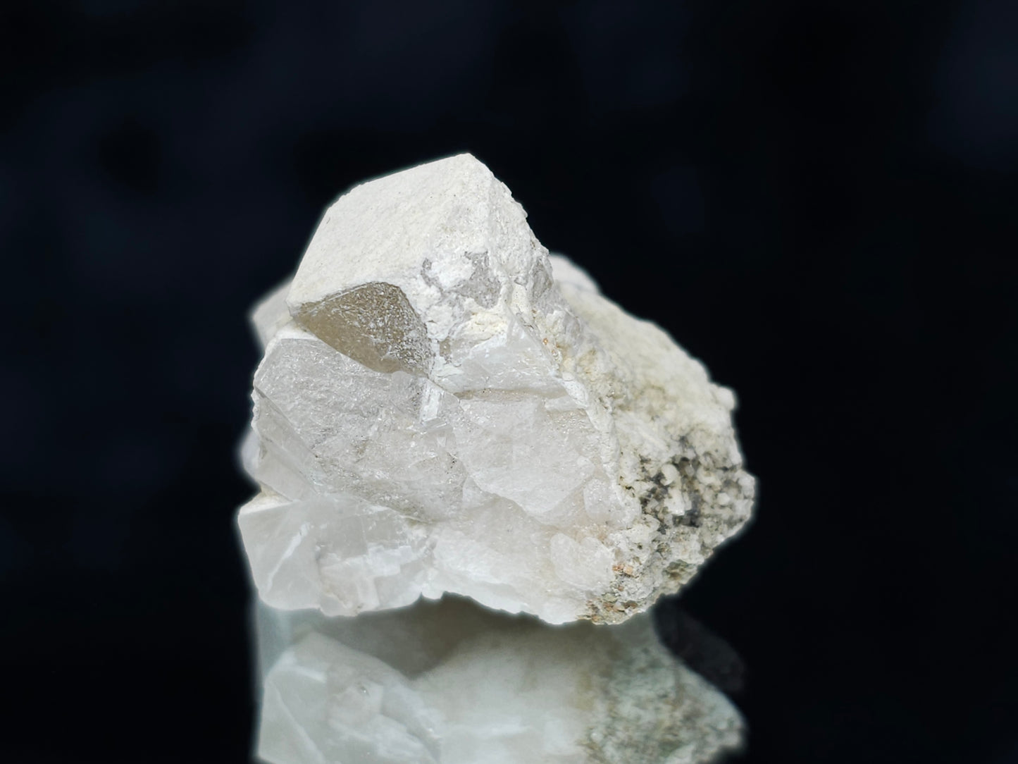 #11066 White Dolomite on Combined form Calcite along with tiny clear Nailhead Spar Calcite formation