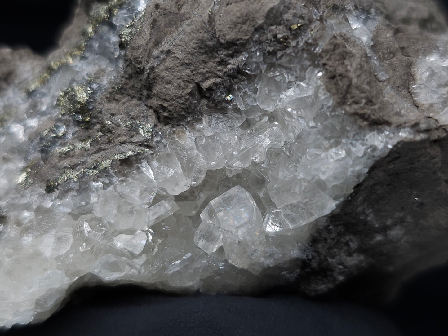 #36627 Super clear Nailhead Spar Calcite and Chalcopyrite ore and multiple small fossils in the matrix