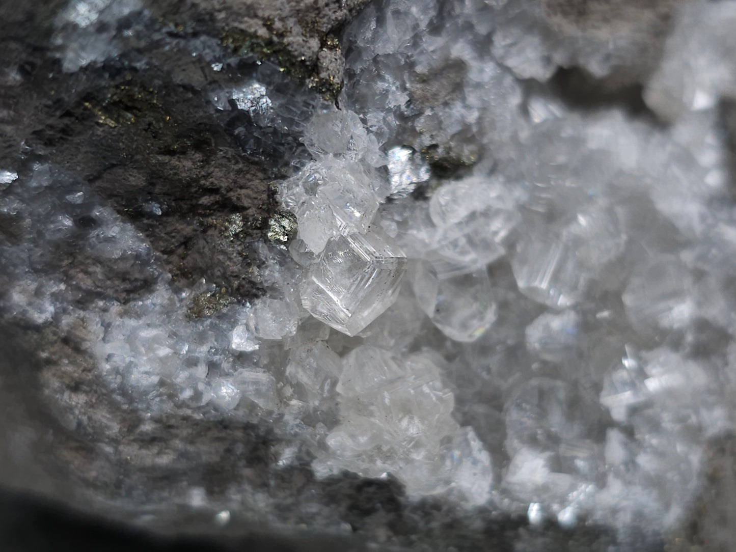 #36633 Super clear Nailhead Spar Calcite and Chalcopyrite ore and multiple small fossils in the matrix