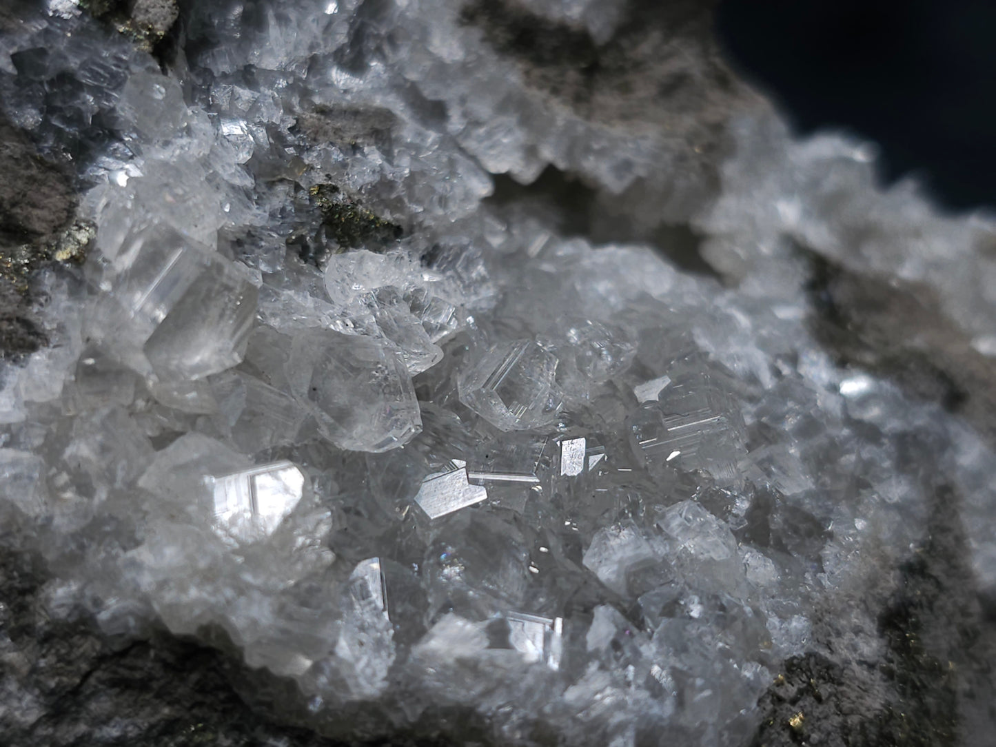 #36633 Super clear Nailhead Spar Calcite and Chalcopyrite ore and multiple small fossils in the matrix