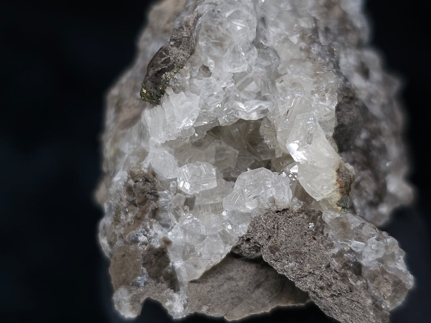 #36674 Super clear Nailhead Spar Calcite and Chalcopyrite ore and multiple small fossils in the matrix