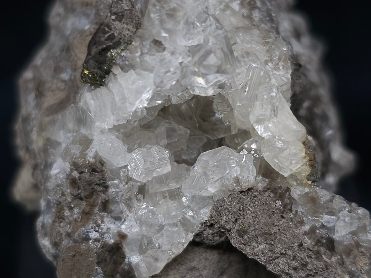 #36674 Super clear Nailhead Spar Calcite and Chalcopyrite ore and multiple small fossils in the matrix