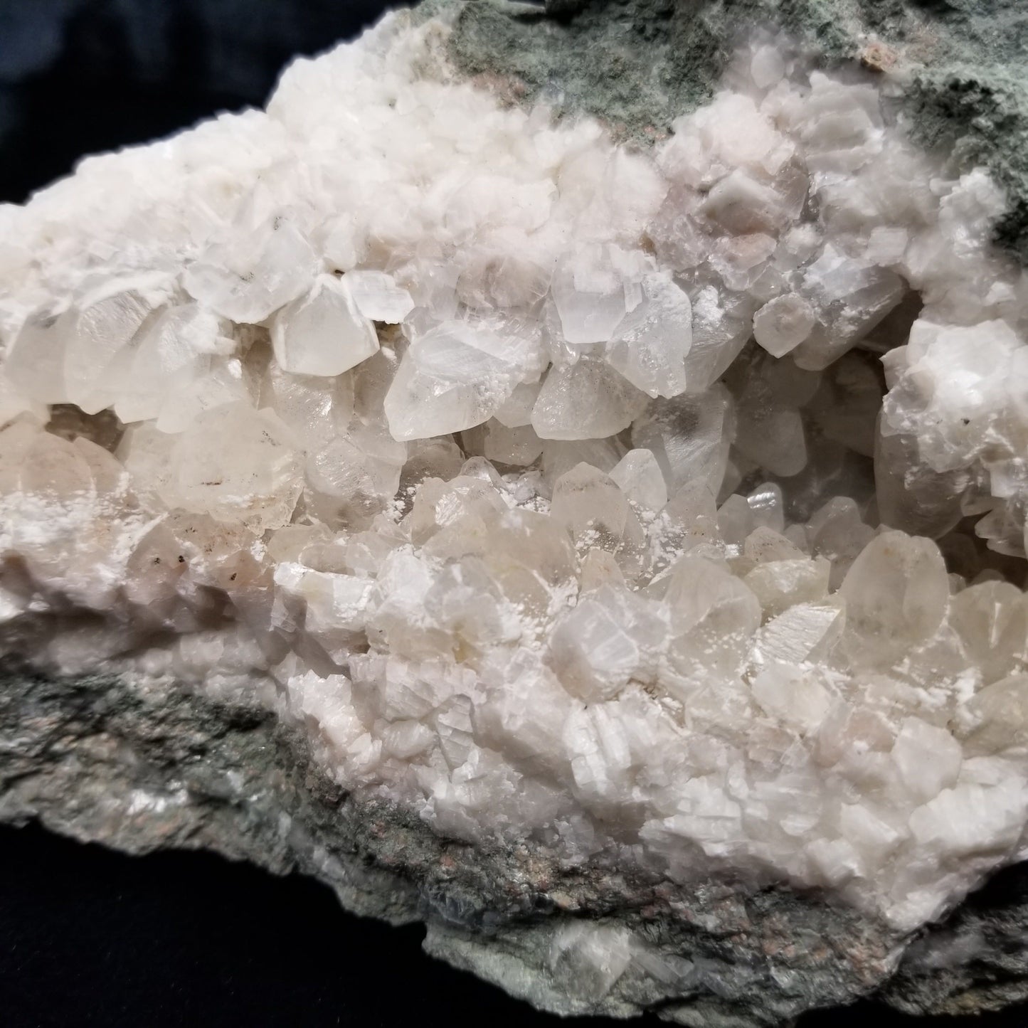 #11028 White Dolomite on clear and white Combined form Calcite mouth with Hematite