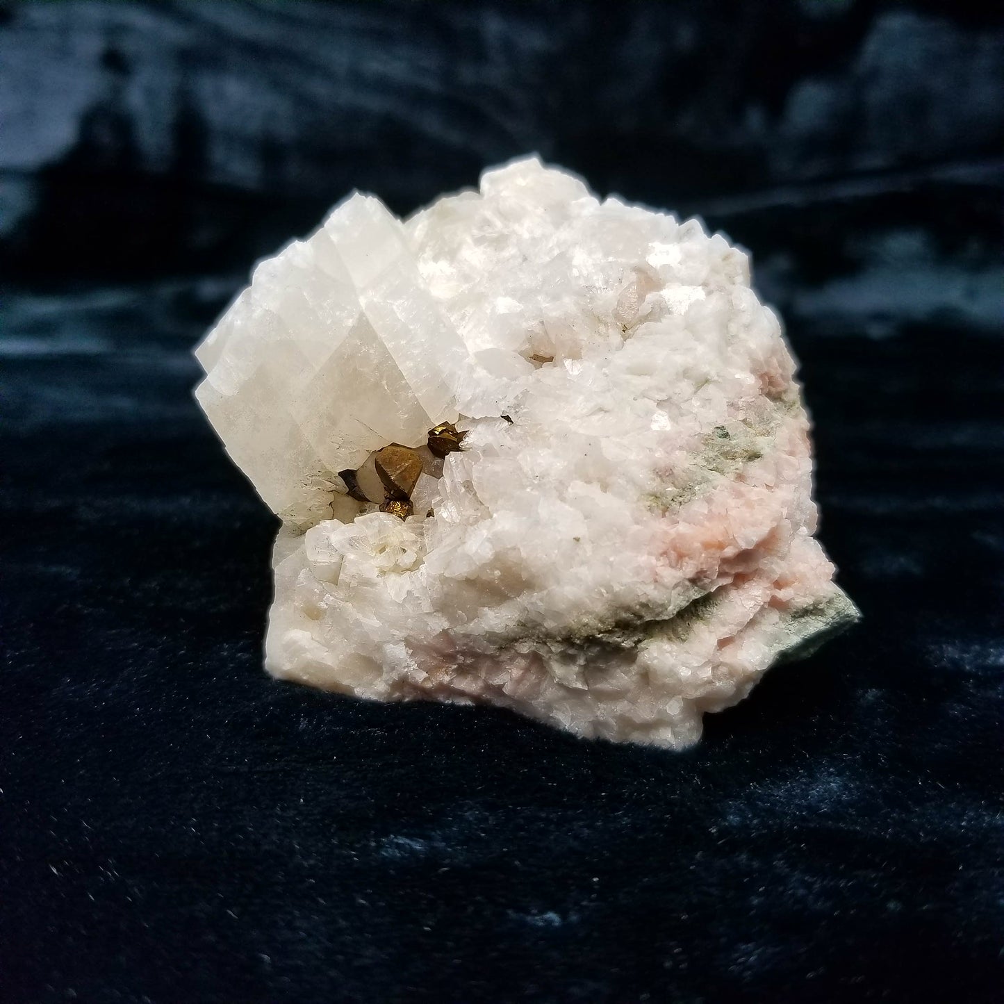 #11029 Combined form Calcite Chalcopyrite on white and pink Calcite