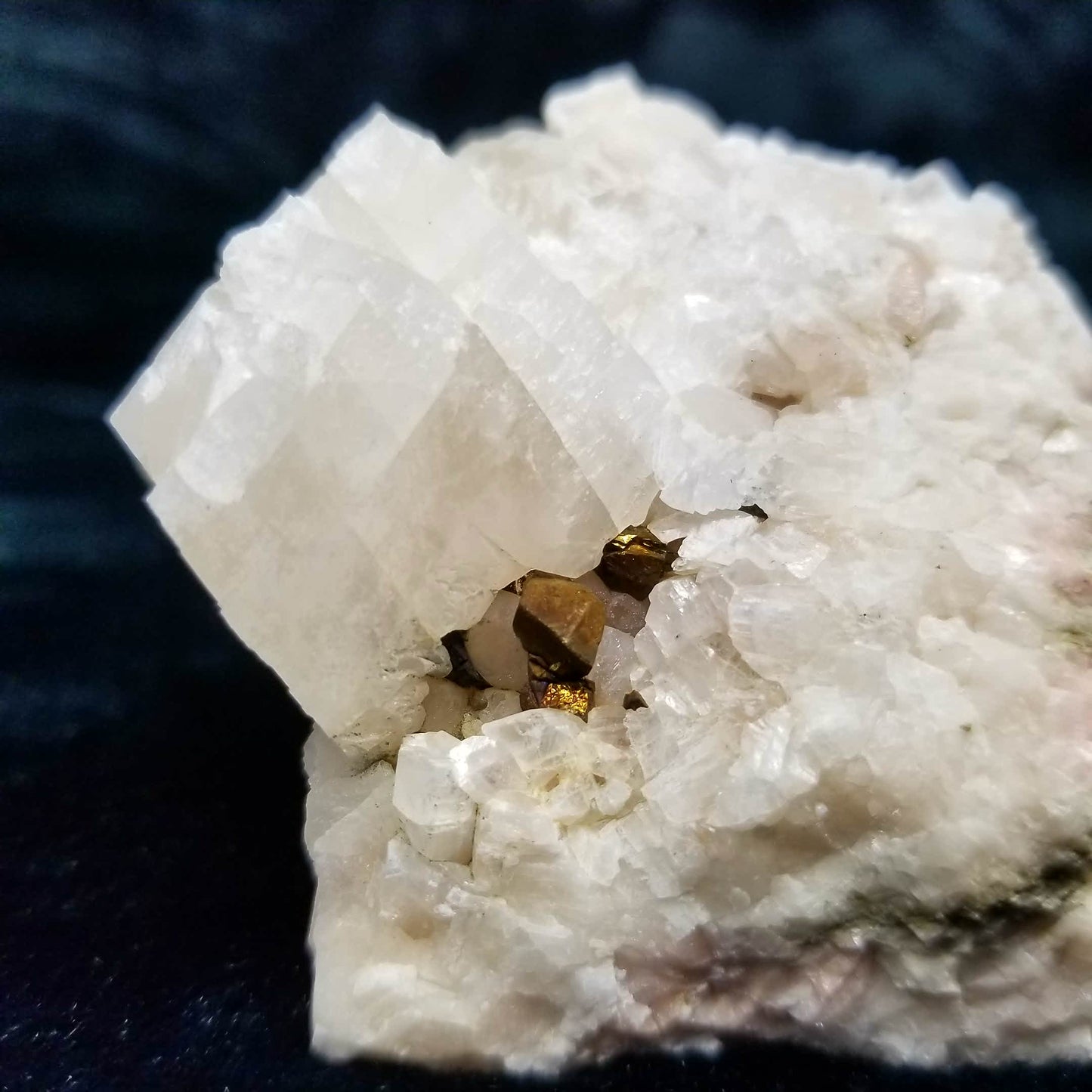 #11029 Combined form Calcite Chalcopyrite on white and pink Calcite