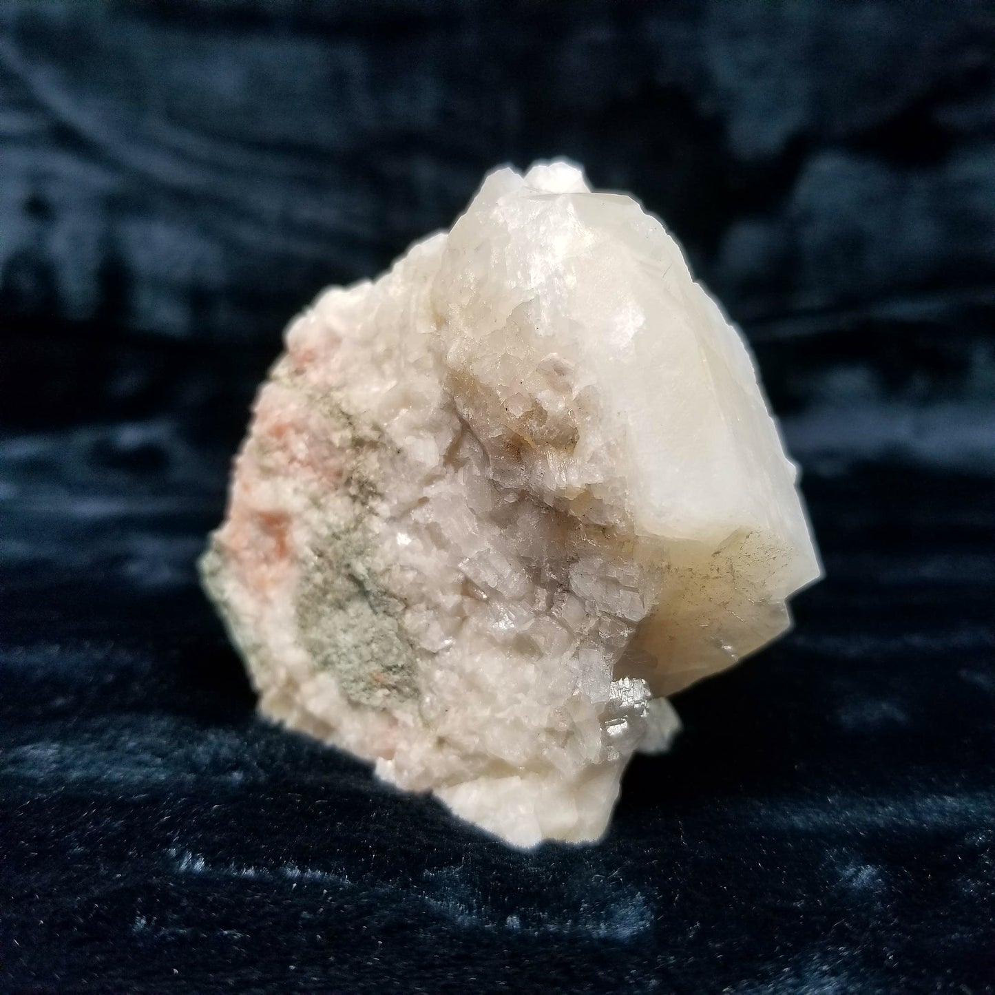 #11029 Combined form Calcite Chalcopyrite on white and pink Calcite