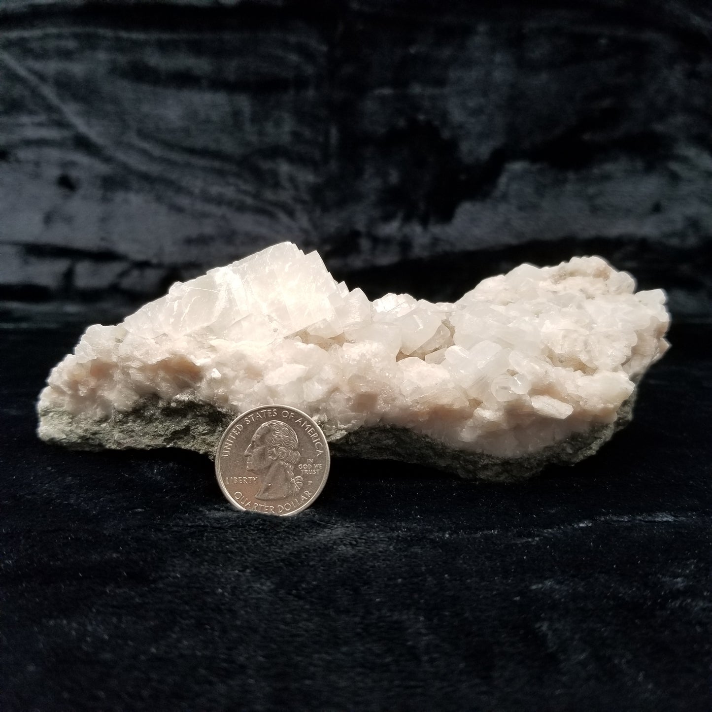 #11059 White and clear Dogtooth Spar Calcite with Hematite inclusions on matrix