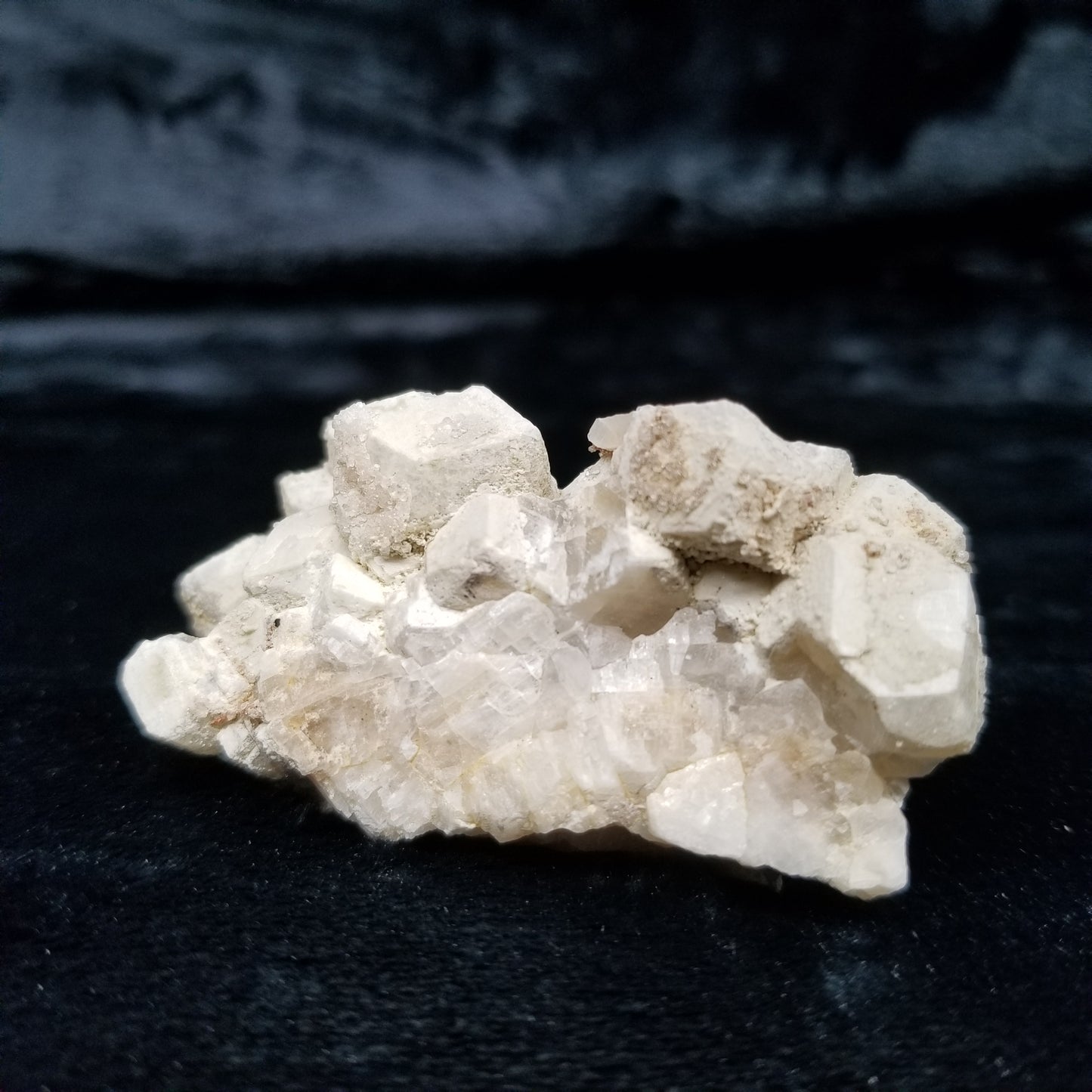 #11068 White Dolomite along with clear Nailhead Spar Calcite on Combined form Calcite cluster on white Calcite