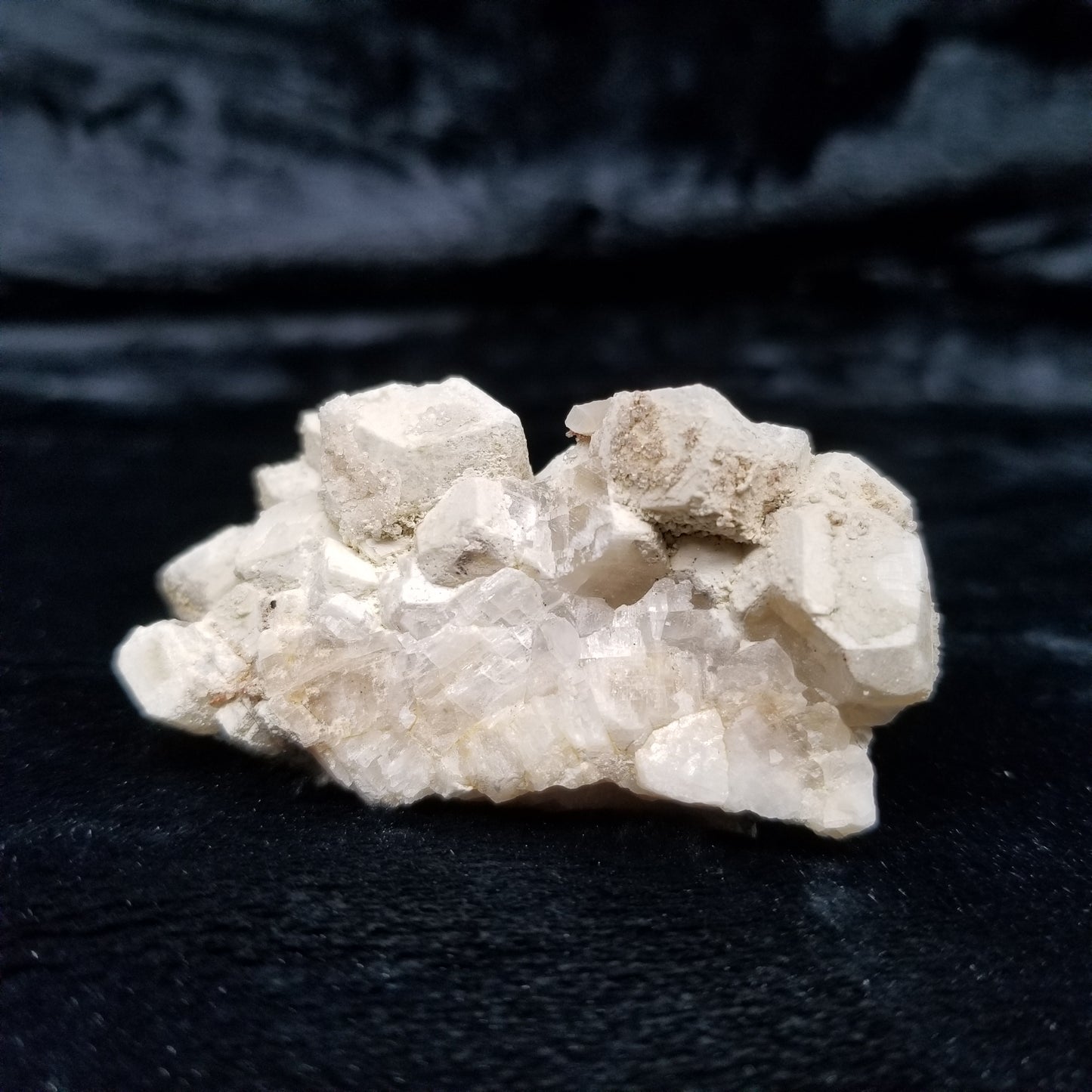 #11068 White Dolomite along with clear Nailhead Spar Calcite on Combined form Calcite cluster on white Calcite