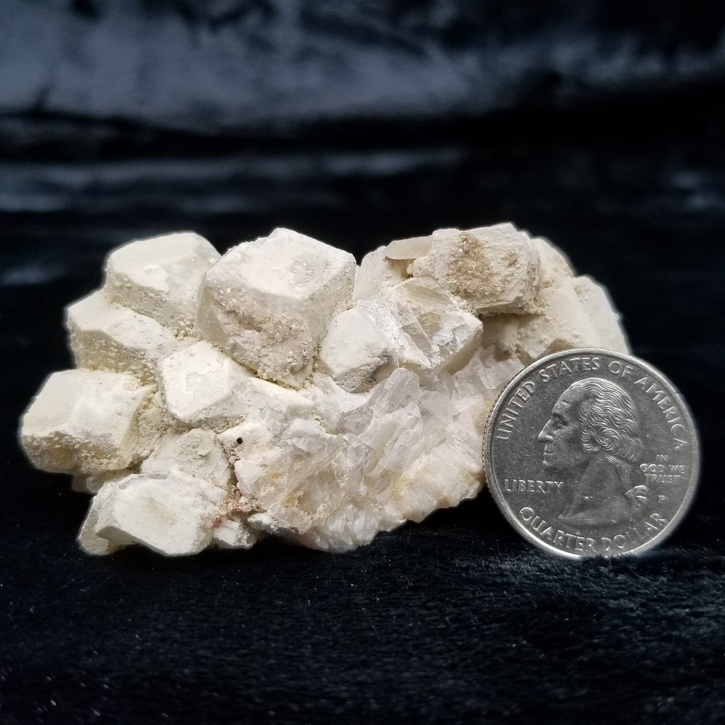 #11068 White Dolomite along with clear Nailhead Spar Calcite on Combined form Calcite cluster on white Calcite